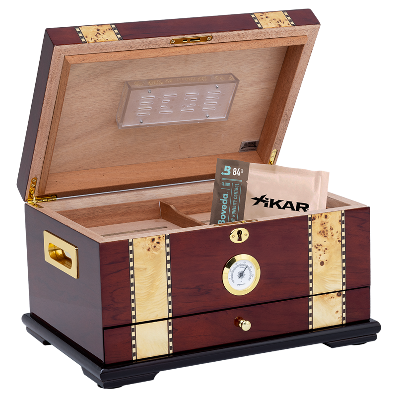 Humidor Supreme Solana Rosewood Humidor w/ Wood Inlay & Accessory Tray 55-100 Cigar Capacity w/ 3 - Xikar-Boveda 84% Seasoning Packs