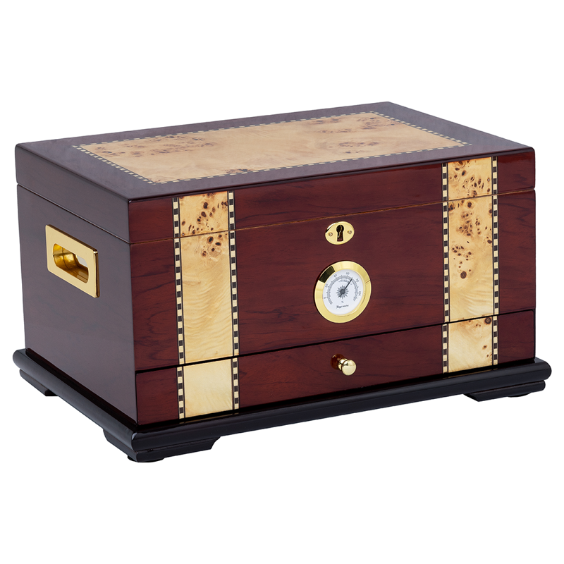 Humidor Supreme Solana Rosewood Humidor w/ Wood Inlay & Accessory Tray 55-100 Cigar Capacity w/ 3 - Xikar-Boveda 84% Seasoning Packs