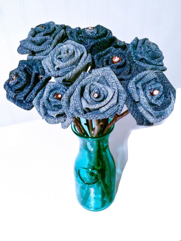 Upcycled Denim Roses with Stems, Blue Jeans Roses, Birthday Gift, Eco-Friendly Flowers, Denim Flowers, Recycled Denim Flowers, Fabric Flower