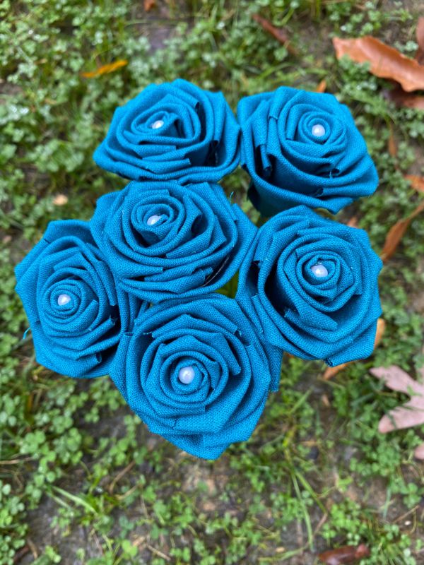 Teal Linen Roses with Stems, Linen Flower Bouquet, Linen Flowers, Linen Roses, 12th Wedding Anniversary Gift, Linen Gift for Her, Twelfth