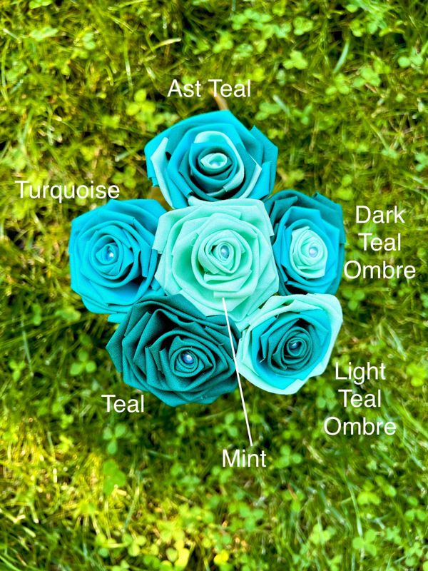 Teal Fabric Roses with Stems, Teal Ombré Flower Bouquet, Teal Rose, Teal Ombré Roses, Cotton Anniversary, Second Anniversary, Gift for Her