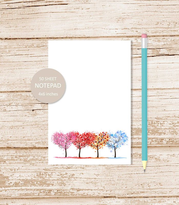 all seasons tree notepad .  four seasons trees note pad .  hearts . spring summer fall winter . outdoors, nature, stationery | 4x6 inches