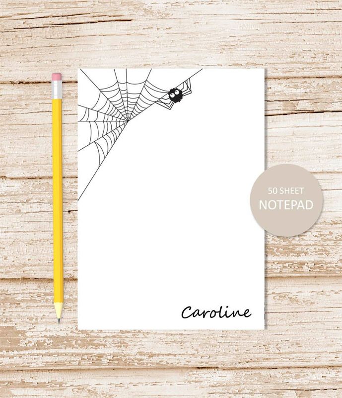 personalized halloween notepad, note pad . black spider, spider web . personalized stationery . stationary gift
