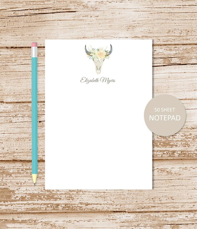 personalized note pad . FLORAL SKULL . desert steer . personalized notepad . watercolor bull skull . personalized stationery . stationary