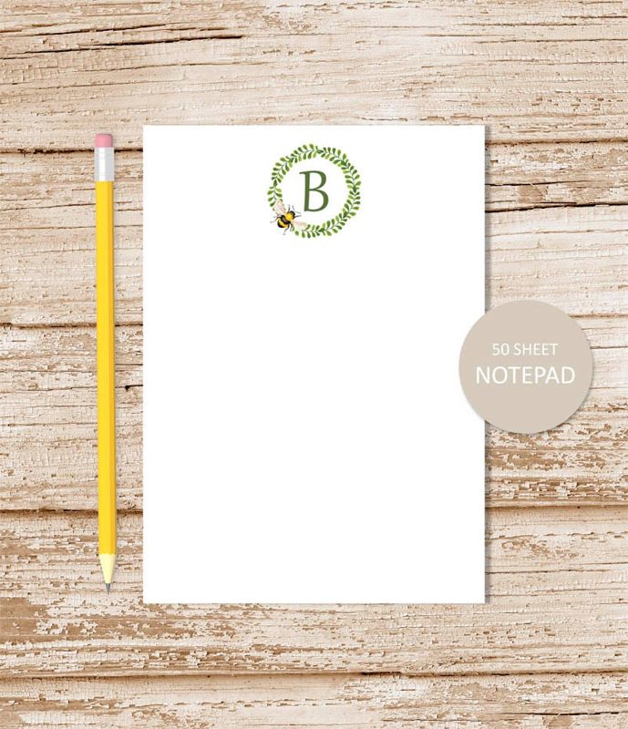 personalized note pad . BEE WREATH . personalized notepad . initial . monogram . personalized stationery, stationary