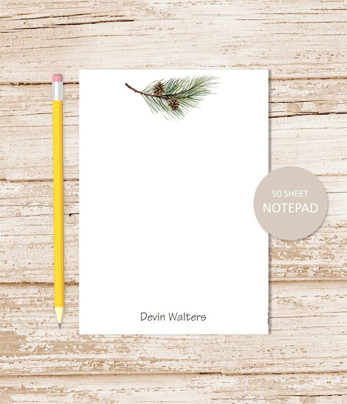 personalized notepad .  PINE TREE BRANCH & pinecones note pad . evergreen tree . forest, camping, nature stationery