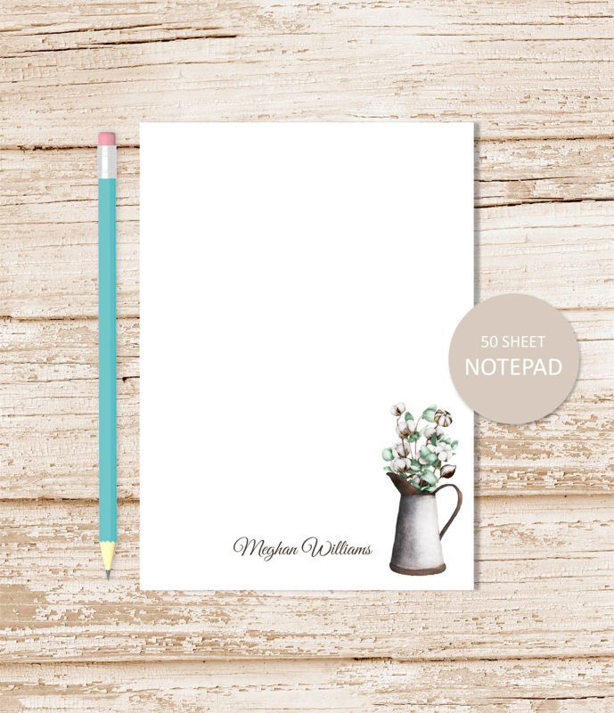 personalized notepad, EUCALYPTUS COTTON . farmhouse note pad . metal tin watering can . botanical personalized stationery stationary gift
