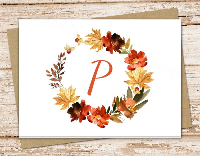autumn wreath initial note card set . watercolor leaves flowers . fall monogram notecards . folded personalized stationery . set of 10