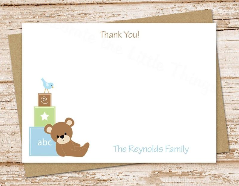 baby boy thank you cards . teddy bear blocks . personalized note cards, notecards, FLAT stationery, baby shower . set of 12