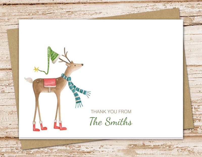 christmas thank you cards . personalized reindeer note cards . notecard . folded personalized stationery stationary . watercolor . set of 10