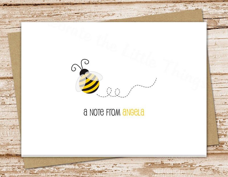 personalized bee note cards notecards . bumble bee personalized stationery . folded stationary . teacher gift . set of 10