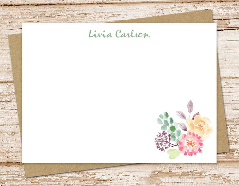 personalized floral card set, stationery . watercolor flowers notecards . pink, peach . botanical . FLAT stationary . set of 12