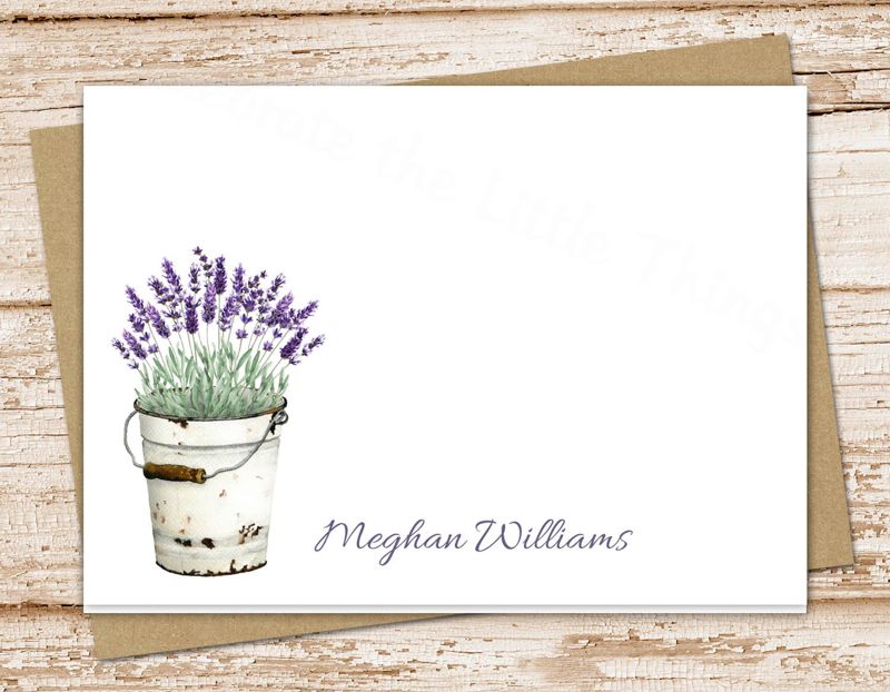 personalized lavender stationery . note cards .  vintage stationery . floral, botanical, tin metal bucket . folded stationary . set of 10