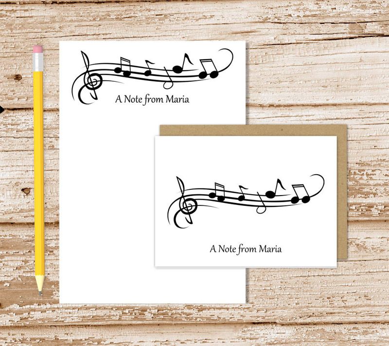 personalized music stationery set . music notes notepad + note card set . notecard note pad stationary . musician music teacher gift set