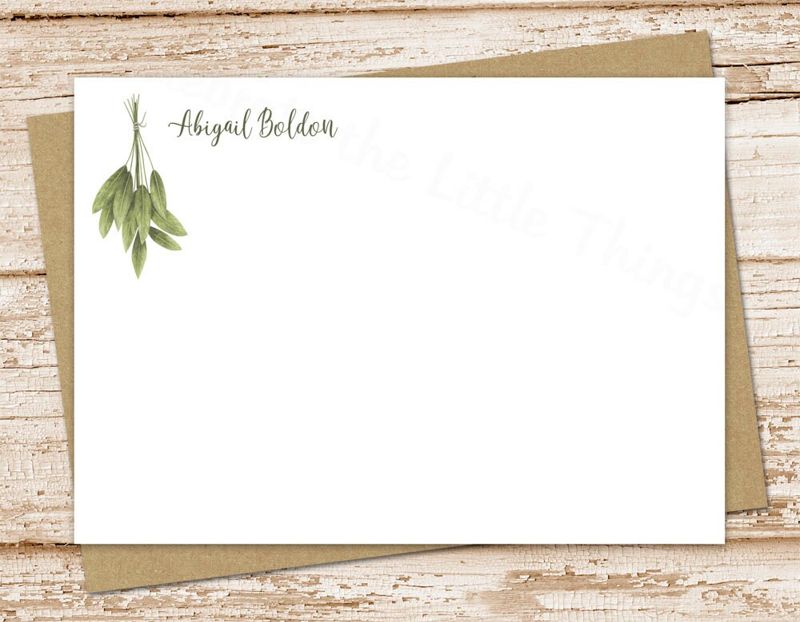 personalized note card set, stationery . watercolor herb sprig notecards . herbs, sage . FLAT stationary . set of 12