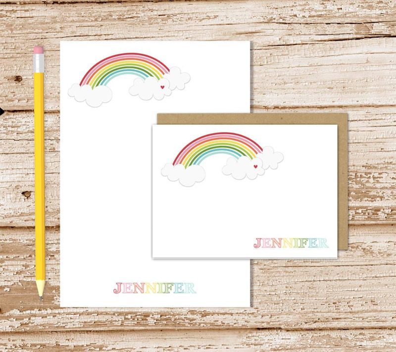 personalized rainbow stationery set . rainbow & clouds notepad + note card set . girls notecards note pad . over the rainbow gift set