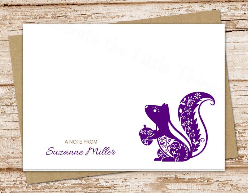personalized squirrel stationery, notecards . filigree squirrel . folded note cards . woodland acorn  . personalized stationary . set of 10
