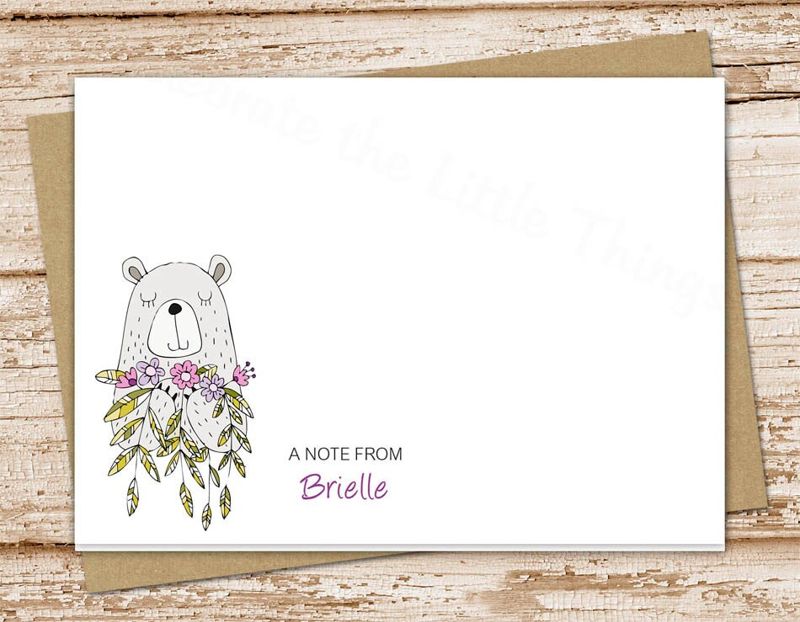 personalized stationery set . bear with flowers notepad + note card set . girls notecards stationary set . gift set