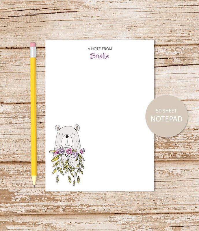 personalized stationery set . bear with flowers notepad + note card set . girls notecards stationary set . gift set