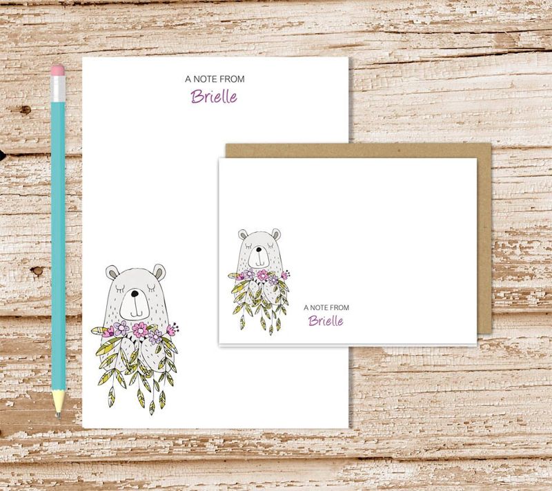 personalized stationery set . bear with flowers notepad + note card set . girls notecards stationary set . gift set