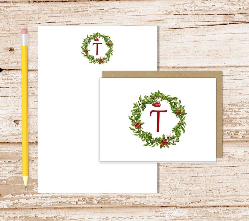 personalized stationery set . initial cranberry wreath notepad + note card set . Christmas notecards note pad . stationary gift set