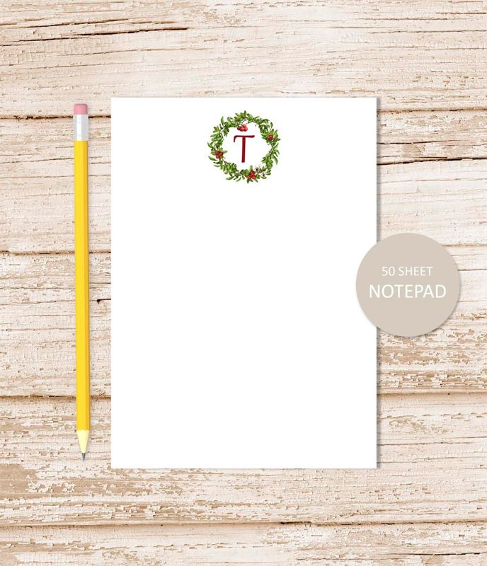 personalized stationery set . initial cranberry wreath notepad + note card set . Christmas notecards note pad . stationary gift set