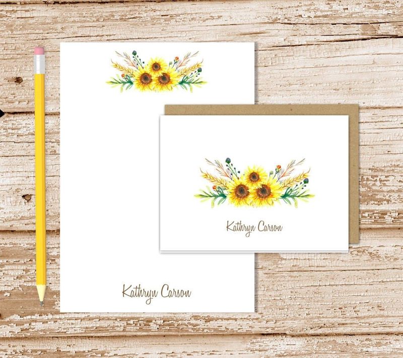 personalized stationery set . watercolor sunflowers . notepad + note cards . botanical stationary . gift set . folded notecards, note pad