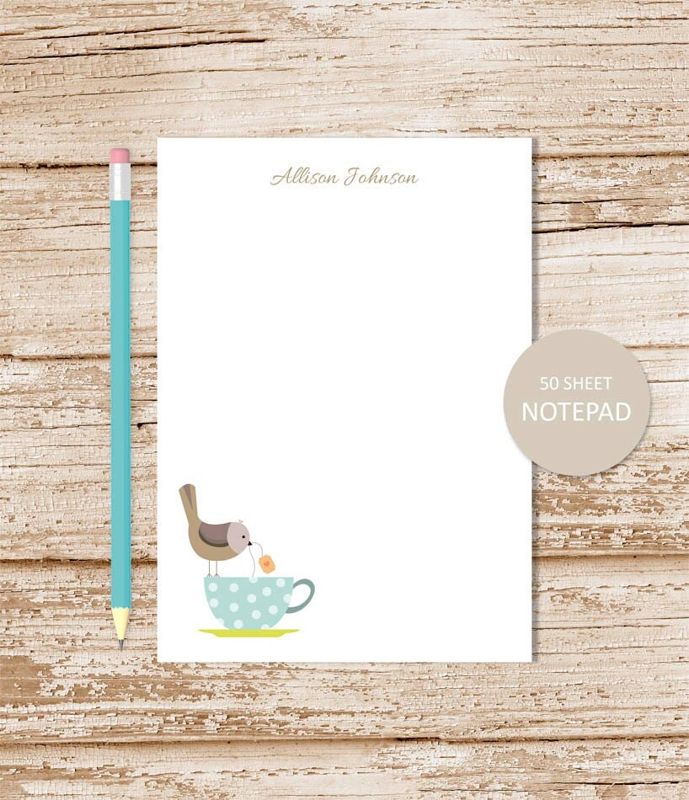 personalized tea cup stationery set . tea cup bird notepad + note card set . bird notecards note pad . womens stationary set . gift set