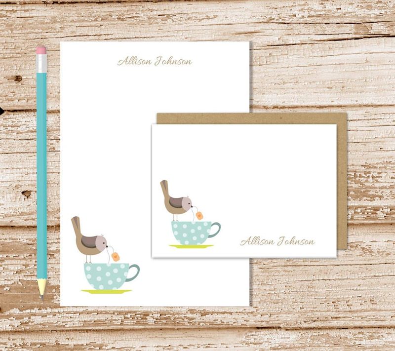 personalized tea cup stationery set . tea cup bird notepad + note card set . bird notecards note pad . womens stationary set . gift set