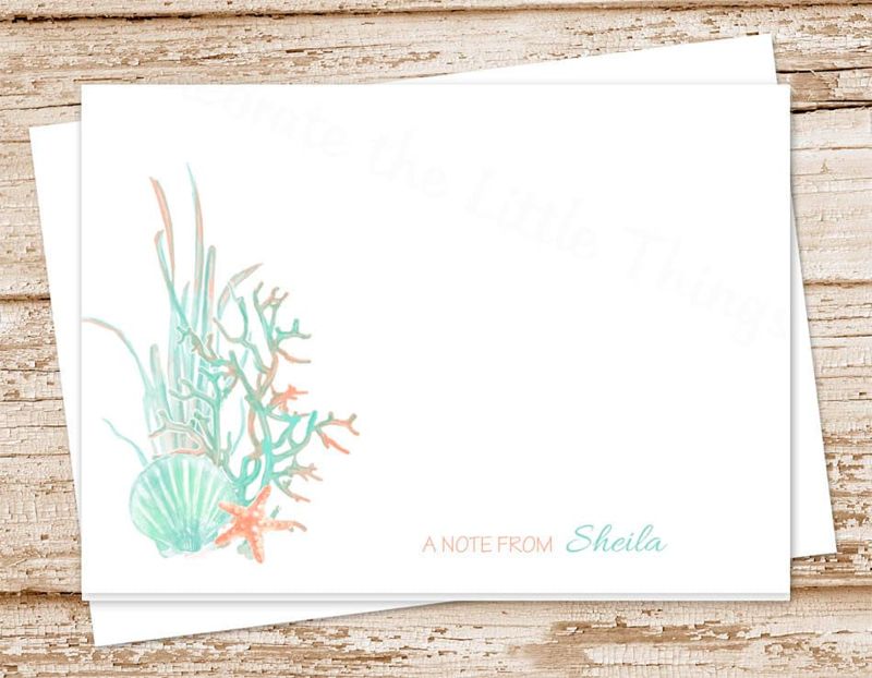 seashells and coral note cards . notecards . tropical beach . folded stationary . personalized stationery . set of 10