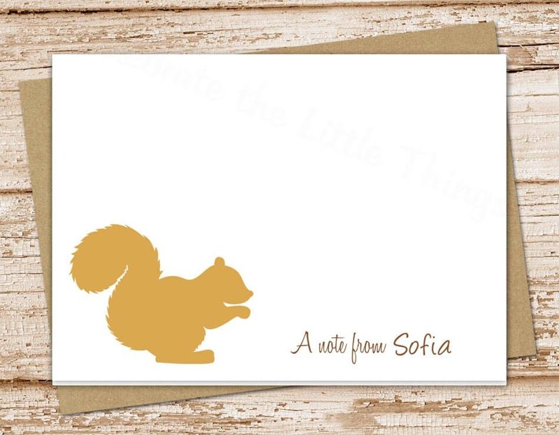 squirrel personalized note cards notecards . folded personalized stationery stationary. silhouette woodland forest . set of 10
