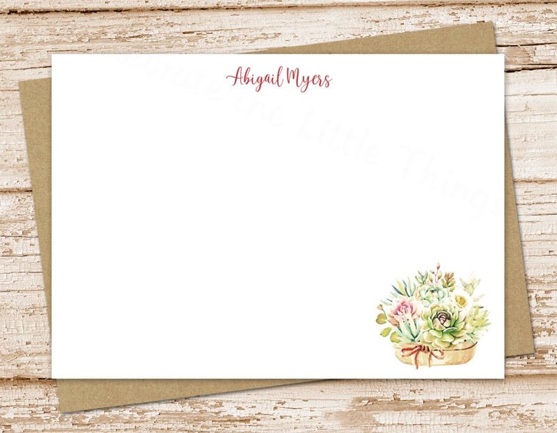 succulent personalized note card set, stationery . succulent bouquet, plant, watercolor succulents notecards . FLAT stationary . set of 12