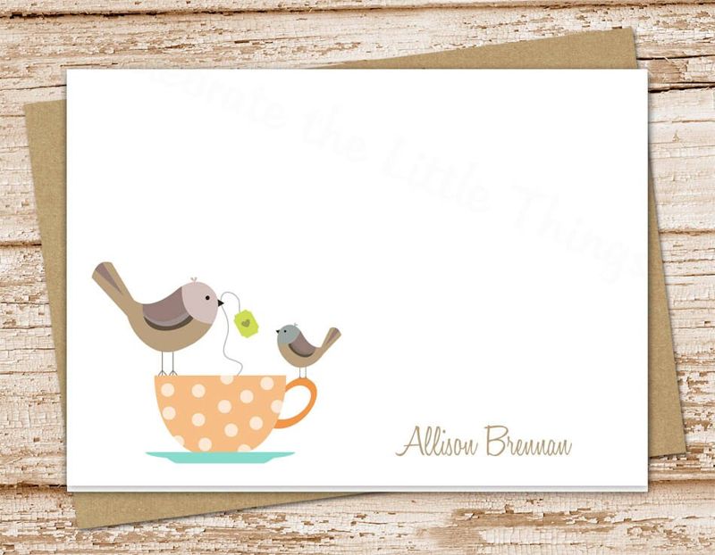 teacup birds note cards notecards . folded cards . personalized stationery stationary . tea cup . set of 10