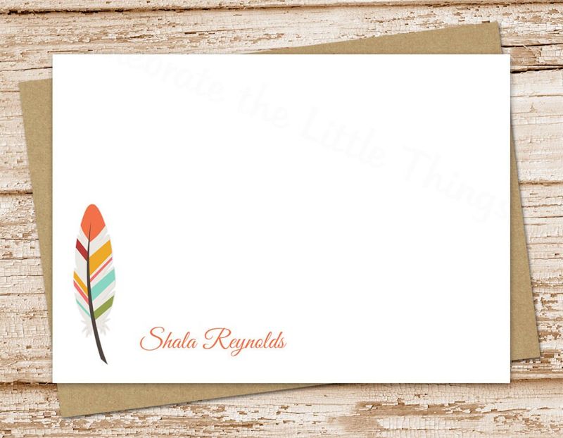 personalized feather note cards . feather notecards . FLAT personalized stationery . stationary . set of 12