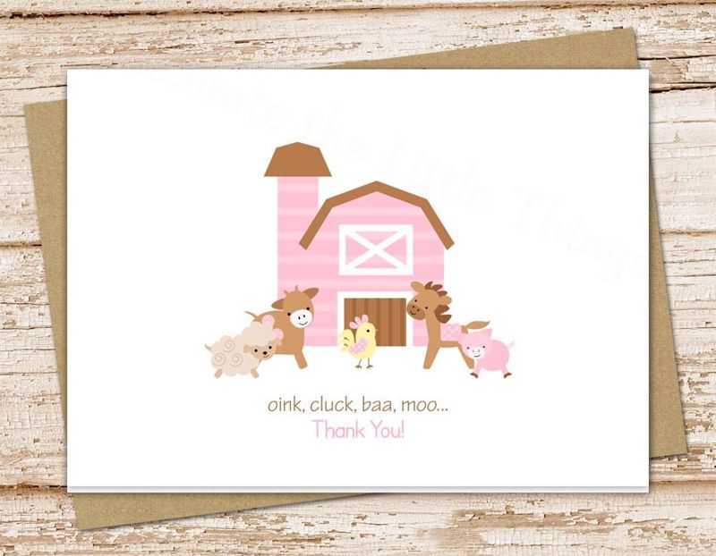 farm thank you cards for girls . folded note cards . pink farm notecards . cow horse barn barnyard stationery . set of 10