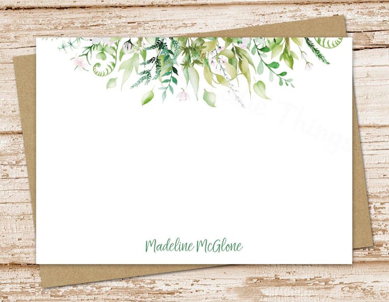 floral greens note card set . watercolor leaves garden flowers . notecards . botanical . blank cards . FLAT stationery set