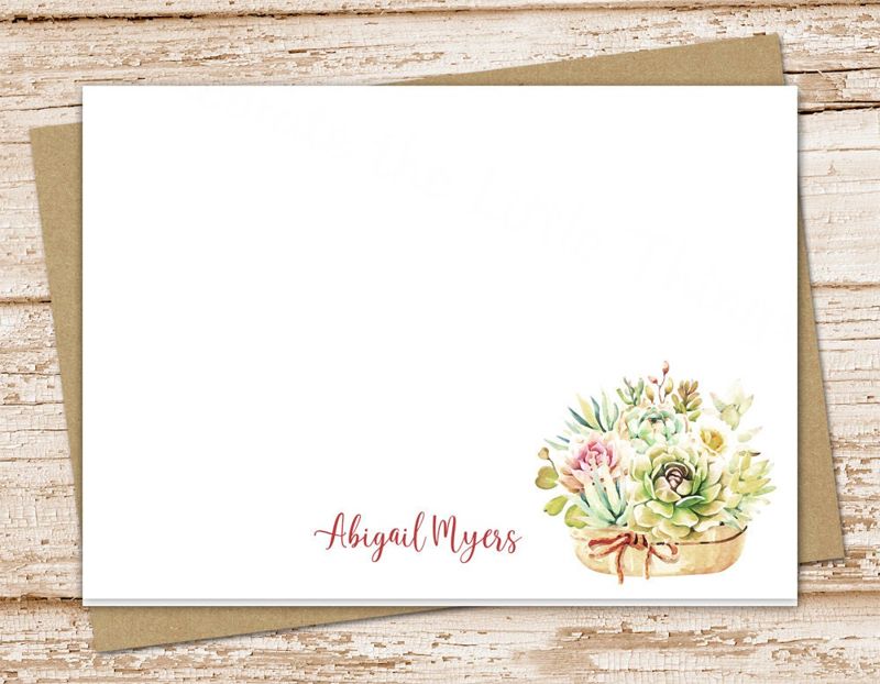 succulent basket note cards, notecards set . watercolor stationery . thank you .  plant note cards . folded stationary . set of 10