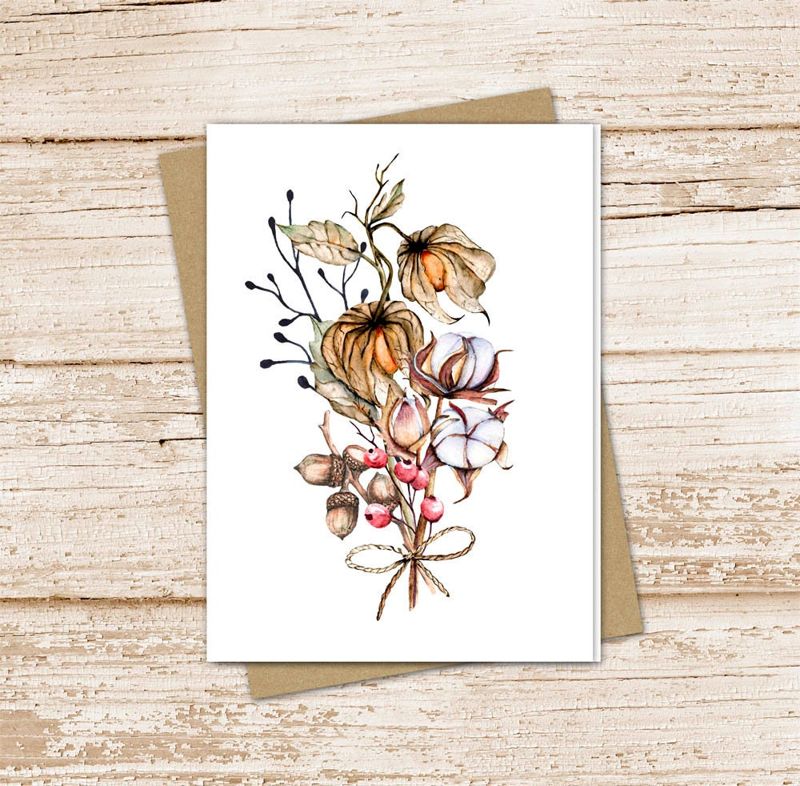 autumn bouquet card set .  watercolor pumpkins cotton acorns berries note cards . fall note cards  . blank cards . folded stationery