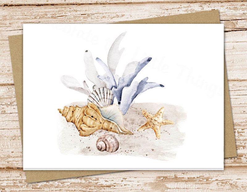 beach card set . watercolor coral starfish seashells sand . note cards notecards .  botanical . blank cards . folded stationery set