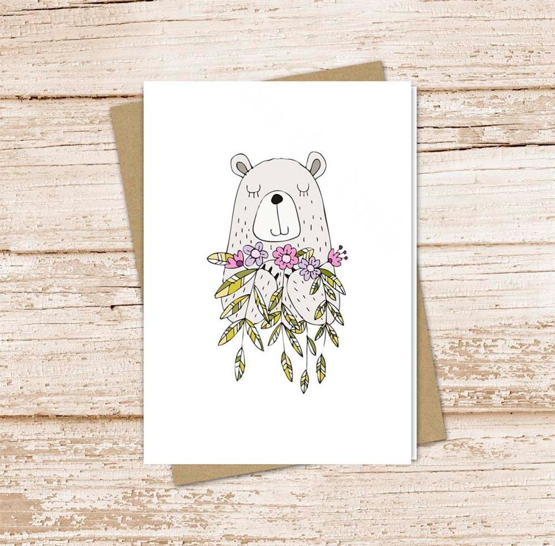 bear with flowers card set .  watercolor note cards .  purple flowers floral . blank cards . noteecards . folded stationery . stationary set