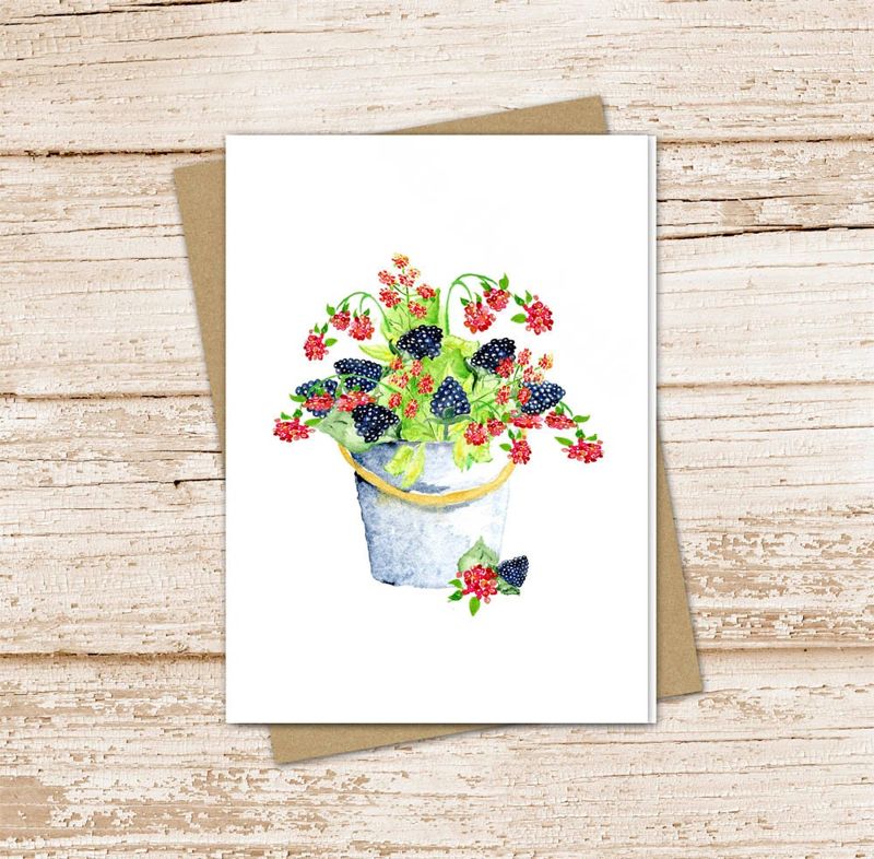 berries card set .  watercolor berry bucket . note cards . raspberries blackberries fruit . blank cards .  folded stationery stationary set