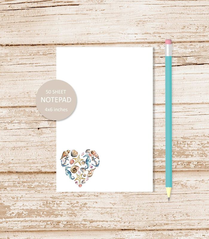 seashell heart notepad . watercolor seashells starfish anchor note pad . summer love . stationery . stationary . summer ocean | 4x6 inches