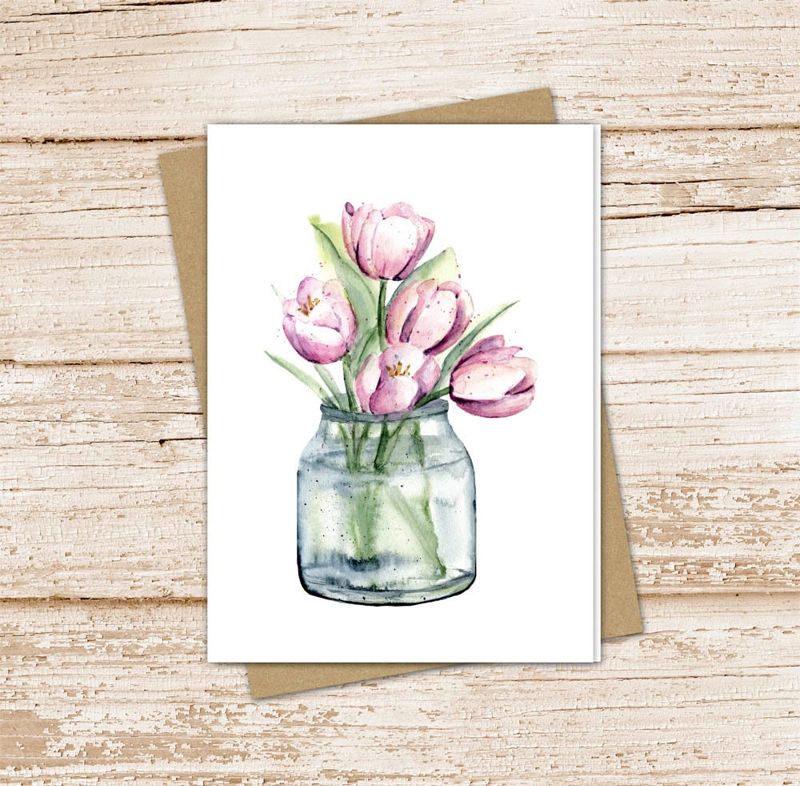 country tulip vase card set . watercolor lavender tulips . mason jar note cards .  farmhouse blank cards notecards . folded stationery set