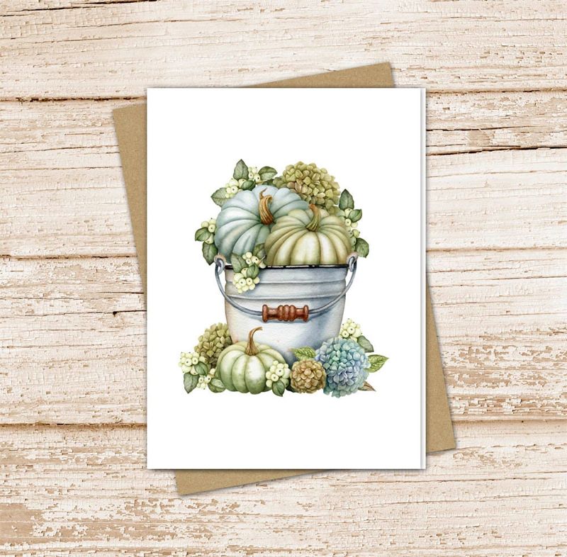 farmhouse pumpkin card set .  watercolor vintage . autumn fall . note cards . hydrangea floral bucket . blank cards . folded stationery