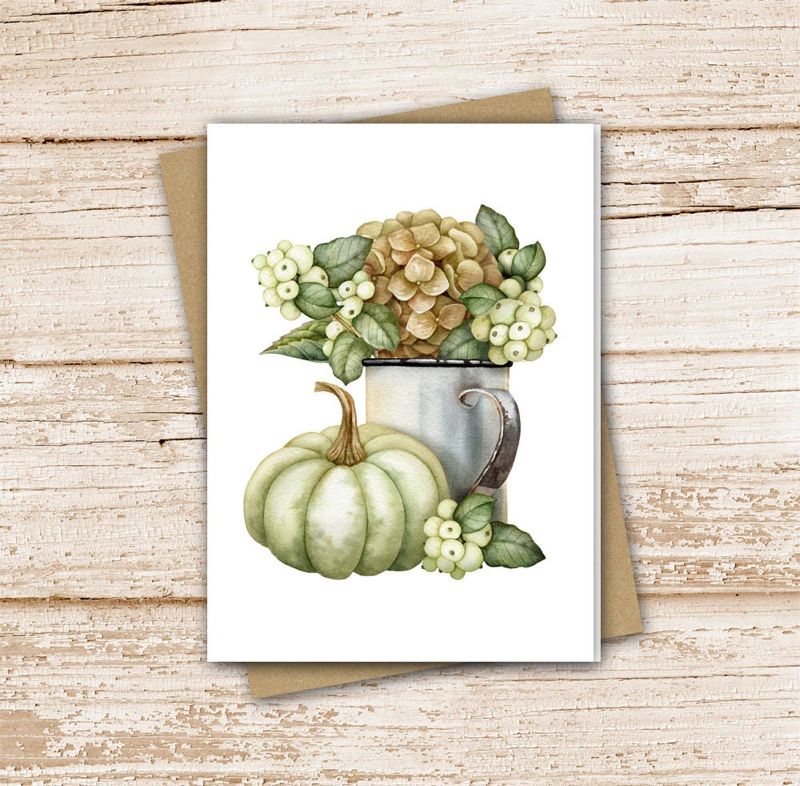 farmhouse pumpkin hydrangea card set .  watercolor vintage pitcher . autumn fall . note cards . floral . blank cards . folded stationery