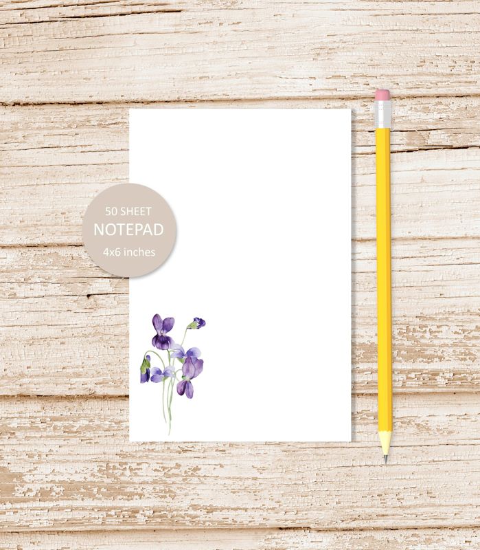 violet notepad . watercolor violet flower note pad . february birth month, stationery stationary | 4x6 inches