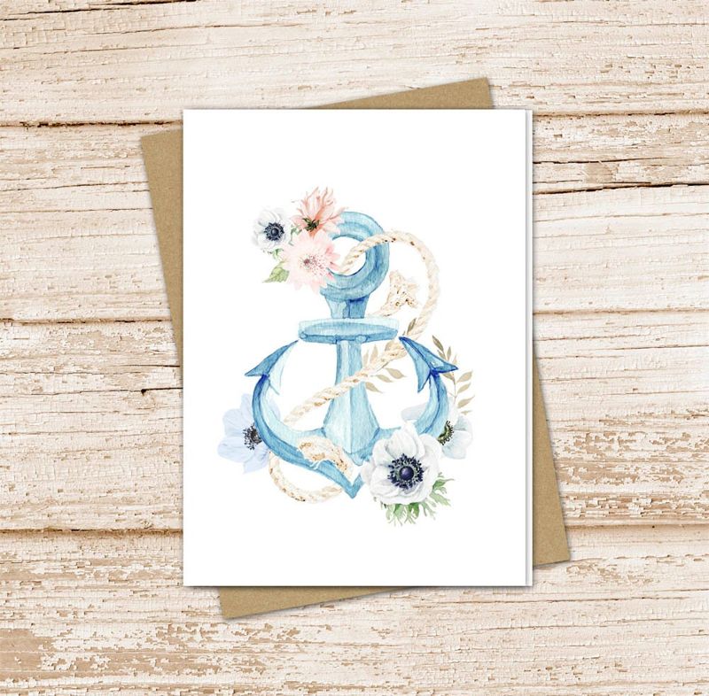 floral anchor card set .  watercolor anchor flowers note cards . nautical, sailing . blank note cards . folded stationery . stationary set
