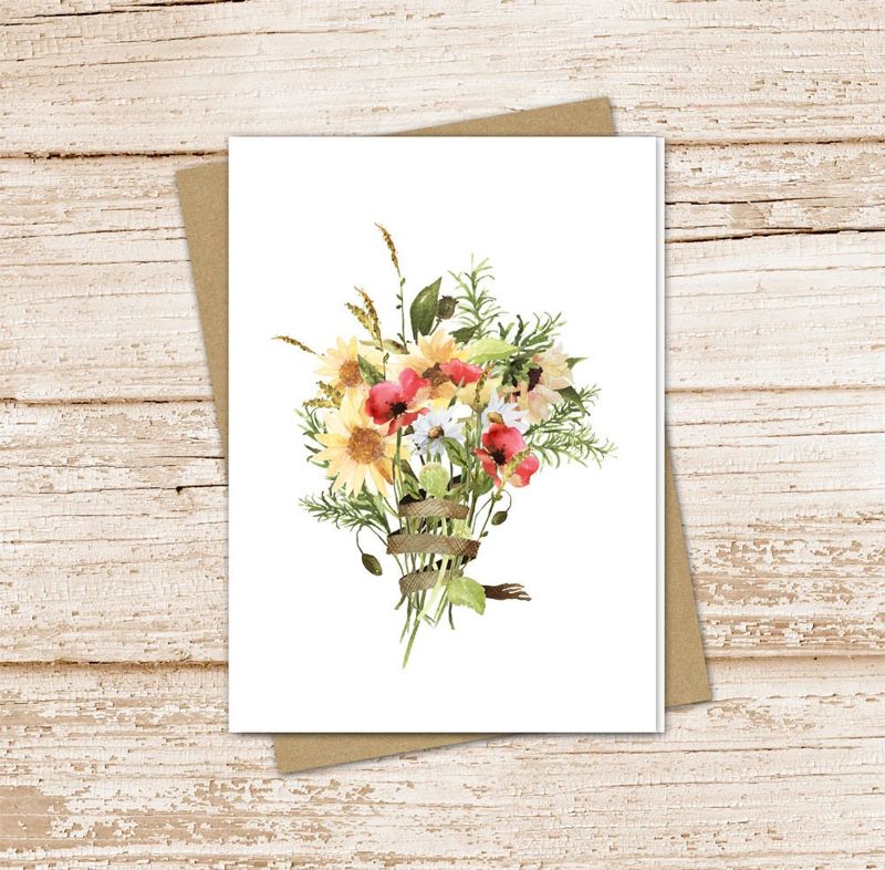floral bouquet card set .  country farmhouse . watercolor flowers . poppy sunflower daisy . note cards . blank cards . folded stationery
