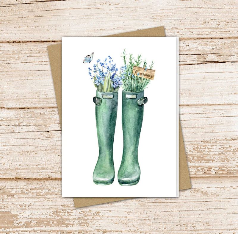 gardener card set . watercolor floral note cards . gardening boots . herbs, butterfly blank cards . folded stationery stationary set