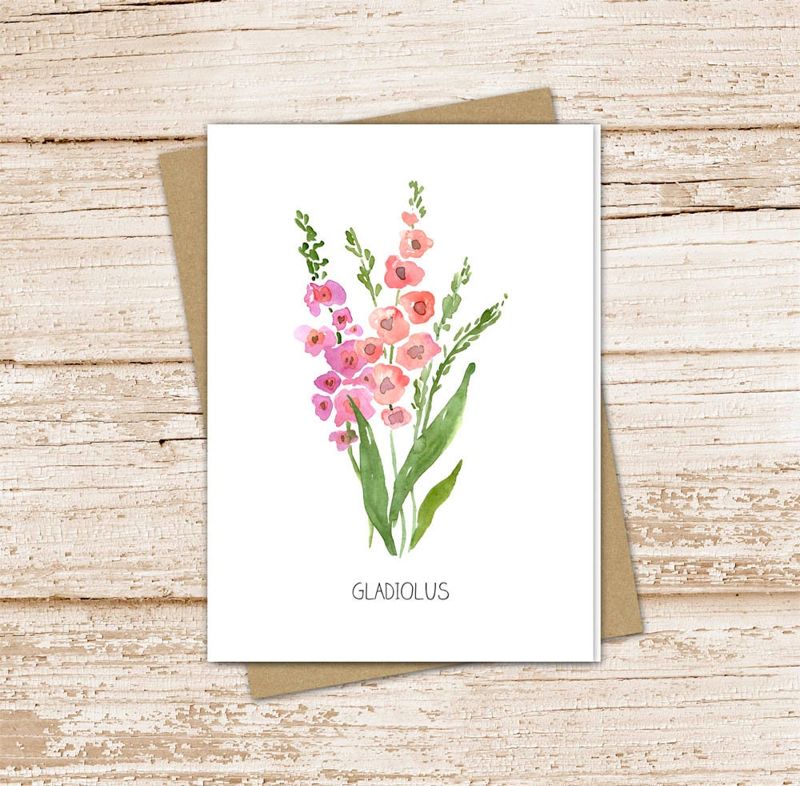 gladiolus card set .  watercolor flowers . august birth month . floral note cards . botanical nature garden . blank cards, folded stationery